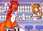  bikini blue_eyes bottle canine clothing cow_costume cow_print cowbell female fox fyra intersex kitsunewaffles-chan mammal milk milk_bottles sashi-chan swimsuit wolf yellow_eyes zyira 