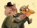  2017 angus_(nitw) anthro bear blush canine clothed clothing couple_(disambiguation) cute daww duo eyes_closed fangs fedora fox fully_clothed gregg_(nitw) happy hat heartwarming jacket leather leather_jacket male male/male mammal necktie night_in_the_woods one_eye_closed open_mouth paws pkbunny size_difference slightly_chubby sweat sweatdrop teeth tongue 