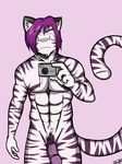  arrwulf blue_eyes camera feline fur hair mammal penis purple_hair purple_stripes selfie solo stripes tiger white_fur 