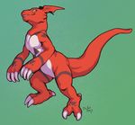  2017 anthro biped claws d-sui digimon digital_drawing_(artwork) digital_media_(artwork) dinosaur dragon guilmon hi_res male nude reptile scalie simple_background smile solo toe_claws toes 