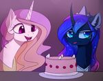  blue_eyes blue_fur cake cosmic_hair duo equine female feral food friendship_is_magic fur hair horn magnaluna mammal my_little_pony open_mouth pink_hair princess_celestia_(mlp) princess_luna_(mlp) smile teeth tongue unicorn 