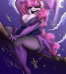  2015 anthro anthrofied breasts broom cleavage clothed clothing cloud crescent_moon earth_pony equine female friendship_is_magic glacierclear hair halloween hat hi_res holidays horse legwear long_hair mammal moon my_little_pony open_mouth outside pink_hair pinkie_pie_(mlp) pony solo 