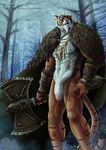  anthro axe battle_axe biceps cape clothing digital_media_(artwork) feline fur holding_object holding_weapon male mammal melee_weapon muscular nipples nude outside penis piercing sevenarms skull snow solo standing stripes tiger tree warrior weapon winter 