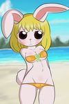  :&lt; absurd_res anthro beach big_breasts bikini blonde_hair blush breasts carrot_(one_piece) clothed clothing cute dreameclipsewolf female fur hair hi_res lagomorph looking_at_viewer mammal navel one_piece pink_nose rabbit seaside skimpy solo standing swimsuit white_fur 