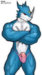  abs anthro bada-butterfly biceps big_muscles blue_skin clothing digimon dragon exveemon flaccid frown humanoid_penis looking_at_viewer male muscular muscular_male nude pecs penis pose scalie simple_background solo speedo standing swimsuit vein video_games 