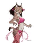  2012 anthro black_hair brown_fur clothed clothing dancing ear_piercing feline female fur hair iberian_lynx lynx mammal midriff piercing sheer_clothing simple_background skimpy solo susan_van_camp translucent transparent_clothing white_background white_fur yellow_eyes 