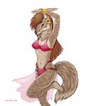  2012 anthro bracelet breasts brown_fur brown_hair canine cleavage clothed clothing dancing ear_piercing female fur hair jewelry mammal midriff piercing simple_background skimpy solo susan_van_camp white_background wolf yellow_eyes 