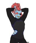  2016 anthro blue_skin clothed clothing fangs female fish gills grin hair hand_behind_head hi_res kkhoppang long_hair marine open_mouth red_hair simple_background smile solo standing undertale undyne video_games white_background 