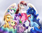  2017 applejack_(mlp) blonde_hair blue_feathers blue_hair cowboy_hat crown cutie_mark earth_pony equine feathered_wings feathers female feral fluttershy_(mlp) friendship_is_magic green_eyes grey_background group hair hat horn horse jewelry lauren_faust male mammal multicolored_hair multicolored_tail my_little_pony necklace pegasus pink_hair pinkie_pie_(mlp) pony princess_celestia_(mlp) princess_luna_(mlp) purple_eyes purple_hair rainbow_dash_(mlp) rainbow_hair rainbow_tail rarity_(mlp) silfoe simple_background smile spike_(mlp) twilight_sparkle_(mlp) two_tone_hair unicorn winged_unicorn wings 