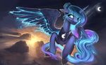  16:10 blue_eyes blue_feathers blue_fur blue_hair equine eyelashes feathered_wings feathers female feral flying friendship_is_magic fur hair hooves horn mammal moon my_little_pony night outside princess_luna_(mlp) rain-gear solo winged_unicorn wings 
