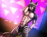  2017 abs anthro blue_eyes bulge clothed clothing detailed_background disco disney dream_and_nightmare ear_piercing feline fur grin hair hand_behind_head jewelry looking_at_viewer male mammal multicolored_fur multicolored_hair muscular navel nipples one_eye_closed partially_clothed piercing public short_hair smile smirk solo standing suggestive wink zootopia 