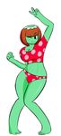  2017 abs anthro athletic bikini bikini_bottom blush breasts brown_hair cartoon_network cleavage clothed clothing eyebrows eyelashes fist green_body hair hi_res humanoid kappa midriff nameless_character navel not_furry ok_k.o.!_let&#039;s_be_heroes one_arm_raised one_eye_closed peace_symbol polka_dots pose raised_arm simple_background smile standing swimsuit thick_thighs trevas white_background wink 