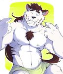  2017 abs anthro biceps chest_tuft feline fur hair kororoman long_hair male mammal muscular muscular_male one_eye_closed tiger tuft white_tiger wink 