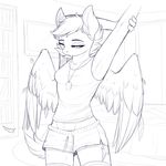  2017 anthro breasts clothing cutie_mark dog_tags equine evehly eyebrows eyelashes feathered_wings feathers female friendship_is_magic hi_res legwear mammal midriff monochrome my_little_pony pegasus rainbow_dash_(mlp) shirt shorts sketch socks solo stretching tank_top wings 