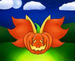  ambiguous_gender delphox dragonskator food fruit halloween holidays inner_ear_fluff jack-o&#039;-lantern nintendo pok&eacute;mon pumpkin solo video_games 