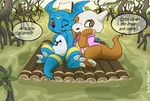  2017 blue_scales claws clothed clothing cubone cute detailed_background dialogue digimon digital_media_(artwork) dragon duo fan_character giramon guilmon hi_res hybrid lizard male markings nintendo niu-ka open_mouth outside pok&eacute;mon raft red_eyes reptile scales scalie sven_(character) sven_the_giramon swamp toe_claws toto_(character) totodice1 vee4eva veemon video_games 