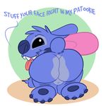  2017 alien all_fours balls blue_fur butt digital_media_(artwork) disney experiment_(species) fur lilo_and_stitch looking_at_viewer male nude respecies solo stitch text tongue tongue_out 