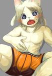  blue_eyes blush bulge clothed clothing feline grey_background inubito looking_at_viewer male mammal open_mouth simple_background solo sweat topless 