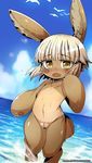  2017 4_toes 5_fingers anthro blush brown_fur censored clitoris cloud cute_fangs detailed_background embarrassed eyebrows eyelashes female fur hair hinghoi lagomorph looking_at_viewer made_in_abyss mammal mosaic_censorship multicolored_fur nanachi navel nude open_mouth outside pussy seaside solo tan_fur toes two_tone_fur url wet whiskers white_hair yellow_eyes 