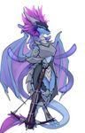  anthro armor blue_eyes clothed clothing crossbow dragon eyelashes female hair holding_object holding_weapon membranous_wings oksara purple_hair ranged_weapon simple_background solo standing weapon white_background wings 