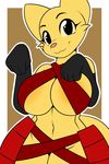  2017 5_fingers anthro arm_warmers armwear big_breasts biped black_clothing black_eyes border breasts clothed clothing digital_media_(artwork) eyelashes feline female fur katia_managan khajiit kloudmutt mammal navel pink_nose prequel simple_background skimpy skimpy_armor smile solo the_elder_scrolls video_games voluptuous white_border wide_hips yellow_fur 