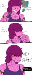  axe blush breasts deltarune digital_media_(artwork) female hair hakiahki korean_text melee_weapon reptile scalie simple_background speech_bubble susie_(deltarune) sweat teeth text translation_request weapon 