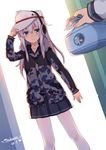  absurdres akatsuki_(kantai_collection) arm_at_side arm_up artist_name backlighting blue_eyes camouflage camouflage_jacket commentary_request dated dutch_angle fur_trim hand_on_headwear hat headphones hibiki_(kantai_collection) highres jacket kantai_collection long_sleeves lunchbox multiple_girls obentou pantyhose pleated_skirt sidelocks skirt smile solo_focus standing tsubasa_tsubasa verniy_(kantai_collection) white_hair white_legwear 