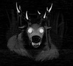  ambiguous_gender anthro antlers black_and_white bust_portrait cervine deer hladilnik horn looking_at_viewer mammal monochrome nightmare_fuel portrait sharp_teeth solo soul_devouring_eyes teeth 