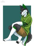  2017 4_toes anthro black_fur black_hair black_nose canine cinta clothed clothing digitigrade eyebrows fully_clothed fur gloves_(marking) green_eyes green_fur hair looking_at_viewer male mammal markings multicolored_fur pose shirt shorts simple_background sitting smile socks_(marking) solo toes white_fur wolf 