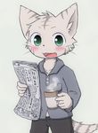  blush clothed clothing cute_fangs feline green_eyes hot_drink looking_at_viewer magumomo male mammal newspaper open_mouth shota solo young 