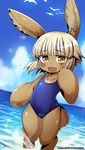  2017 4_toes 5_fingers anthro brown_fur camel_toe clothed clothing cloud detailed_background eyebrows eyelashes female fur hair hinghoi lagomorph looking_at_viewer made_in_abyss mammal nanachi open_mouth open_smile outside seaside smile solo swimsuit toes url wet whiskers white_hair yellow_eyes 