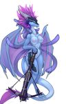  anthro blue_eyes breasts crossbow digitigrade dragon eyelashes featureless_crotch female hair holding_object holding_weapon membranous_wings nipples nude oksara purple_hair ranged_weapon simple_background solo standing stanidng weapon white_background wide_hips wings 