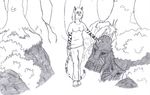  5_fingers 5_toes barefoot clothed clothing detailed_background fantasy feet feline female holding_object holding_weapon humanoid_feet jori_trashantra mammal melee_weapon monochrome pencil_(artwork) ryoquir smile solo standing sword tiger toes traditional_media_(artwork) weapon 