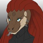 2017 android anthro blue_eyes clothed clothing collar detailed digital_media_(artwork) dreadlocks eyeliner eyeshadow female hair hi_res horn long_hair machine makeup melion_(beyxer) portrait reptile robot rogueliger rubber scalie simple_background solo tongue tongue_out trenco 