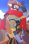  anthro armor brown_fur canine clothed clothing facial_hair fur gun male mammal mccree_(overwatch) overwatch ranged_weapon roanoak video_games weapon 
