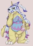  2017 anthro balls belly black_nose claws cum cum_on_hand cum_on_penis digimon digital_drawing_(artwork) digital_media_(artwork) erection fur gabumon horn humanoid_penis male mammal masturbation pelt penis polarpandemonium scalie simple_background slightly_chubby solo teeth 