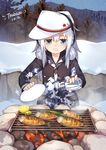  absurdres alternate_costume blue_eyes blush breasts camouflage camouflage_jacket commentary_request dated downcast_eyes drooling earmuffs fan fire fire_pit fish food fruit grilling hair_between_eyes hammer_and_sickle hat hibiki_(kantai_collection) highres kantai_collection lemon long_hair long_sleeves salt saury sidelocks signature silver_hair small_breasts smile snow solo tsubasa_tsubasa verniy_(kantai_collection) white_hat winter_clothes 