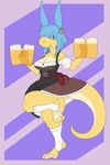  2017 3_toes 4_fingers alcohol anthro barefoot beer beverage big_butt biped blue_eyes blue_hair breasts butt butt_shot claws clevage clothed clothing digital_drawing_(artwork) digital_media_(artwork) digitigrade dress female geier hair hi_res kobold legwear long_tail looking_at_viewer no_underwear pinup pose scales scalie skirt smile socks solo standing thick_tail thick_thighs toe_claws toeless_socks toes voluptuous wide_hips yellow_skin 