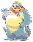  blush bottomless clothed clothing clothing_lift crocodile crocodilian fupa makara male moobs obese one_eye_closed overweight reptile scalie scarf shirt shirt_lift slightly_chubby slit smile tokyo_afterschool_summoners visor_cap whistle wink 