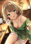  :d absurdres arm_support baffu blue_eyes blush bob_cut bra breasts brown_hair choko_(cup) cleavage cup dutch_angle eyebrows_visible_through_hair glint green_eyes heterochromia highres idolmaster idolmaster_cinderella_girls indoors izakaya jewelry leaning_forward looking_at_viewer medium_breasts mole mole_under_eye necklace no_legwear off-shoulder_shirt open_mouth shirt short_hair short_shorts shorts sitting smile solo sparkle takagaki_kaede underwear 