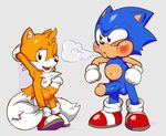  anthro balls blush breath canine chest_tuft clothing cub duo erection footwear fox fur gloves hedgehog looking_at_viewer male male/male mammal miles_prower navel neokat open_mouth penis shoes simple_background sonic_(series) sonic_the_hedgehog standing tuft young 