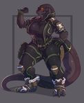  2017 anthro armor big_breasts breasts clothed clothing digital_media_(artwork) female footwear glowing glowing_eyes hi_res holster komodo_dragon lizard looking_at_viewer monitor_lizard reptile rube scalie skin_suit solo thick_thighs tight_clothing wide_hips 