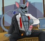  2017 abs anthro balls clothed clothing condom erection fur gary_andrews gary_the_rat humanoid_penis lawyer looking_at_viewer male mammal monitor office penis rat rodent s-o-husky_(artist) shirt sitting smile solo suit 