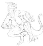  2017 abs anthro big_breasts breasts claws crouching cybernetics cyborg digital_media_(artwork) female fleatrollus hi_res horn looking_back machine muscular muscular_female nipples nude reptile scalie scar simple_background sketch solo spread_legs spreading tattoo thick_thighs trenco viktoria_(beyxer) 