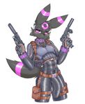  2017 anthro black_fur black_nose blush bulge clothed clothing collar eeveelution fur gun handgun holster keron looking_at_viewer male nintendo penis_outline pistol pok&eacute;mon pouch purple_eyes pvt._keron ranged_weapon shiny simple_background solo standing straps umbreon video_games weapon white_background 