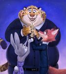  2017 absurd_res anthro award belt benjamin_clawhauser black_nose canine cheetah clothed clothing digital_media_(artwork) digital_painting_(artwork) dipstick_tail disney dress feline female fox fur gamutfeathers grey_fur group hi_res hidden_mickey judy_hopps lagomorph long_ears male mammal multicolored_tail nick_wilde night_sky open_mouth open_smile orange_fur oscar_statuette overweight pink_nose purple_eyes rabbit small_tail smile spots spotted_fur suit whiskers zootopia 