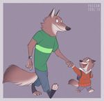  2016 backpack blue_eyes canine clothing cub cute disney eye_contact father father_and_son green_eyes hand_holding happy invalid_tag mammal open_mouth pants parent possumtool shirt shorts simple_background smile son sweater teeth watch wolf young zootopia 