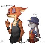  bracelet clothing dialogue disney ear_piercing eye_contact hat heavy_metal jewelry judy_hopps mist_xg necklace nick_wilde piercing police_officer police_uniform punk-rock shirt tank_top tattoo uniform zootopia 