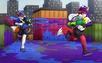 2017 absurd_res action_pose anthro brother canine city cityscape clothing cosplay cute dipstick_tail duo footwear fox foxz gamer gaming hat hi_res holding_object holding_weapon inner_ear_fluff kit mammal multicolored_tail nintendo outside playing raven-ark running shirt shoes shoki shorts sibling splatoon video_games weapon 