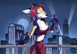  4_fingers belt building canine city claws clothing ears_back eyes_closed female fox fur gloves hair holding_object mammal microphone moon multicolored_fur night outside red_hair retehi singer skirt solo standing two_tone_fur vest 